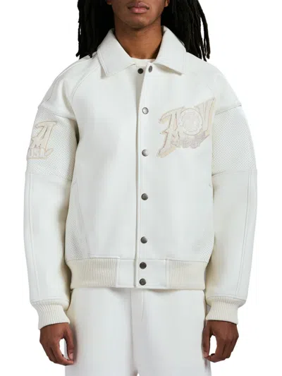 Avirex Men's Gold Club Logo Patch Leather Jacket In White