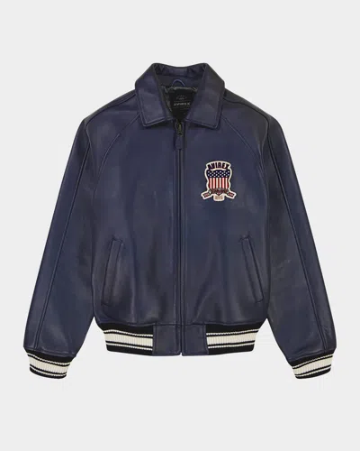 Avirex Men's Leather Icon Jacket In Navy Blue