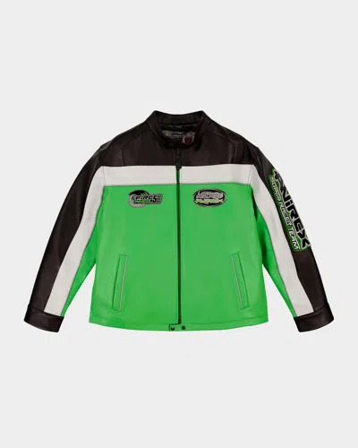 Avirex Men's Lone Wolf Leather Racer Jacket In Lime Green