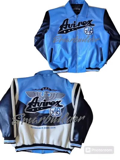 Pre-owned Avirex Mens  Genuine Leather Bomber American Flight Jacket With Embroidery In Blue