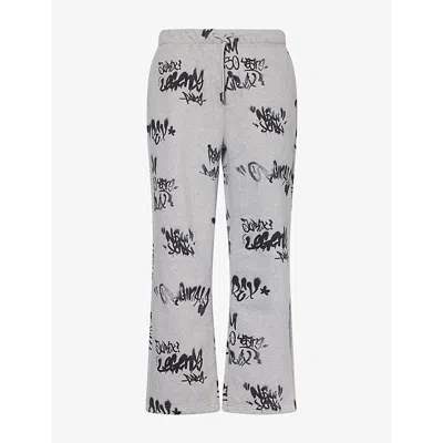 Avirex Mens Graffiti-print Wide-leg Cotton-blend Jogging Bottoms Grey Xl In Black