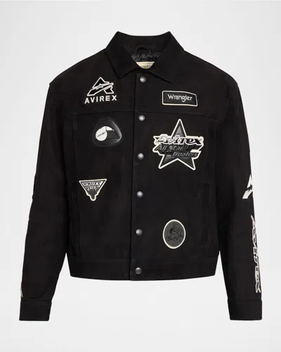 Avirex X Wrangler Men & Apos;s Suede Multi-patch Trucker Jacket In Black