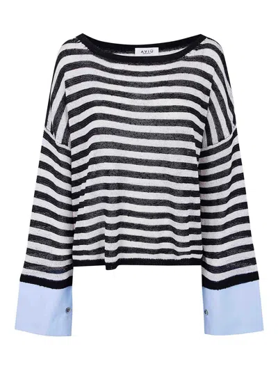 Aviu Stripes Boat Neck Sweater In White