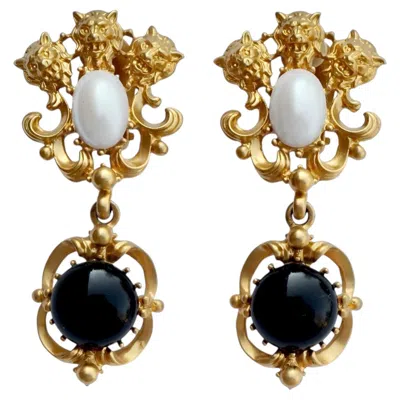 Pre-owned Avon Gold Plated 'baroque Style' Lion Earrings With Faux Pearls And Black Stones