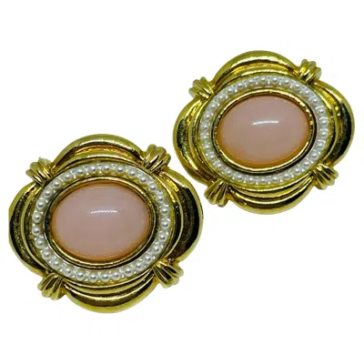 Pre-owned Avon Gold Tone Pearls Pink Cabochon Designer Pierced Earrings
