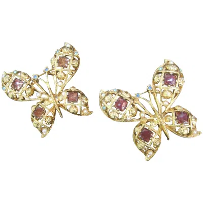 Pre-owned Avon Pair Of Jeweled Enamel Gilt Metal Butterfly Brooches Circa 1980s In Sand