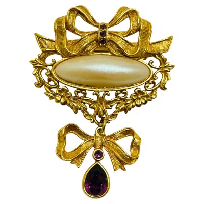 Pre-owned Avon Signed Gold Bow Amethyst Crystal Pearl Dangle Gold Designer Brooch In Purple