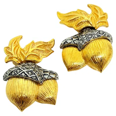 Pre-owned Avon Signed Gold Silver Tone Marcasite Acorn Designer Clip On Earrings In Multi