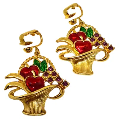 Pre-owned Avon Signed Gold Tone Enamel Rhinestones Fruit Basket Designer Dangle Earrings In Multi