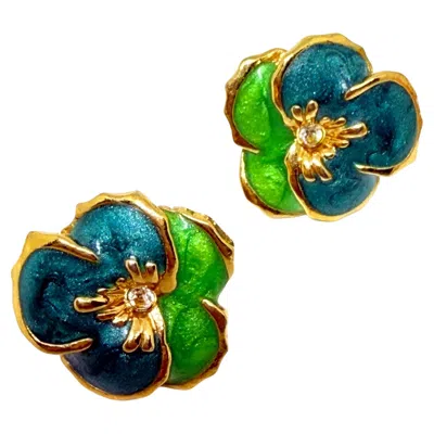Pre-owned Avon Signed Gold Tone Enamel Small Flower Designer Post Earrings In Multi
