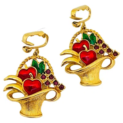 Pre-owned Avon Signed Vintage Gold Enamel Rhinestone Dangle Fruit Basket Clip On Earrings In Multi
