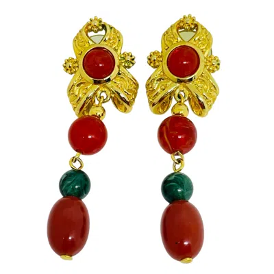 Pre-owned Avon Signed Vintage Gold Faux Jade Carnelian Designer Clip On Earrings In Green