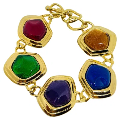 Pre-owned Avon Signed Vintage Gold Plated Jewel Poured Glass Designer Bracelet In Multi
