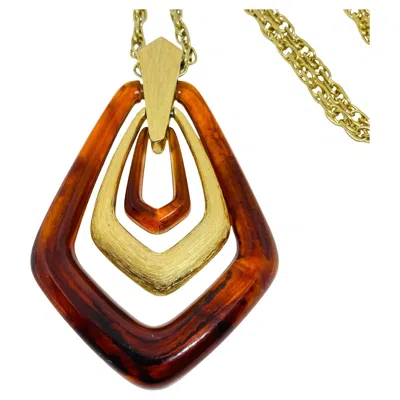 Pre-owned Avon Signed Vintage Gold Tone Amber Lucite Modernist Designer Chain Necklace In Brown