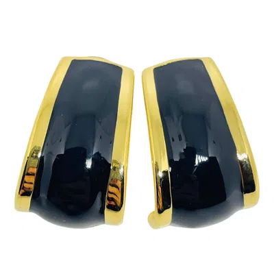 Pre-owned Avon Signed Vintage Gold Tone Black Enamel Designer Pierced Earrings