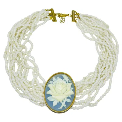Pre-owned Avon Signed Vintage Gold Tone Cameo Flower Multi Strand Pearl Designer Necklace