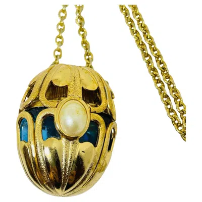 Pre-owned Avon Signed Vintage Gold Tone Chain Sapphire Glass Perfume Bottle Necklace In Blue