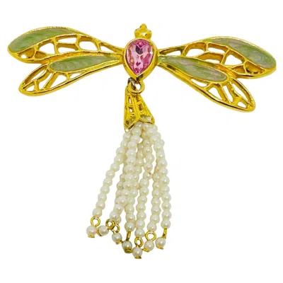 Pre-owned Avon Signed Vintage Gold Tone Enamel Pearls Tassel Dragonfly Designer Brooch In Multi