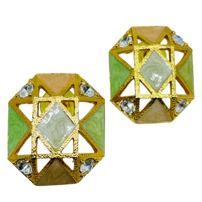 Pre-owned Avon Signed Vintage Gold Tone Enamel Rhinestone Designer Pierced Earrings In Multi
