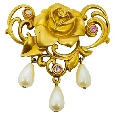 Pre-owned Avon Signed Vintage Gold Tone Faux Pearls Drops Rose Flower Designer Brooch In Red