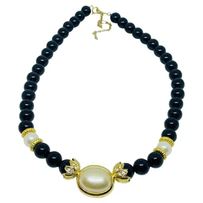 Pre-owned Avon Signed Vintage Gold Tone Lucite Pearl Rhinestones Designer Beaded Necklace In Multi