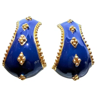 Pre-owned Avon Signed Vintage Gold Tone Navy Blue Enamel Etruscan Designer Clip Earrings
