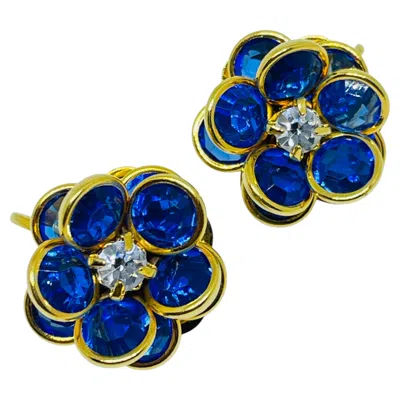 Pre-owned Avon Signed Vintage Gold Tone Sapphire Crystals Flower Designer Clip On Earrings In Blue