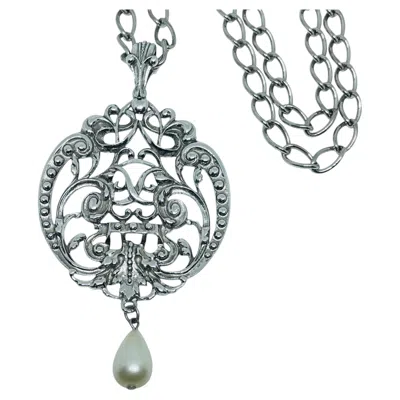 Pre-owned Avon Signed Vintage Silver Tone Faux Pearl Huge Pendant Designer Chain Necklace In Multiple
