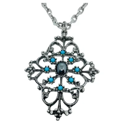 Pre-owned Avon Signed Vintage Silver Tone Faux Turquoise Cross Pendant Designer Necklace In Multi