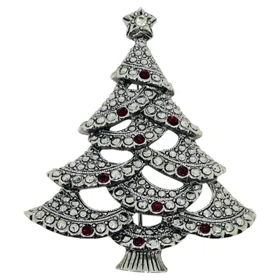 Pre-owned Avon Silver Tone Red Rhinestone Marcasite 'victorian Tree' Christmas Pin