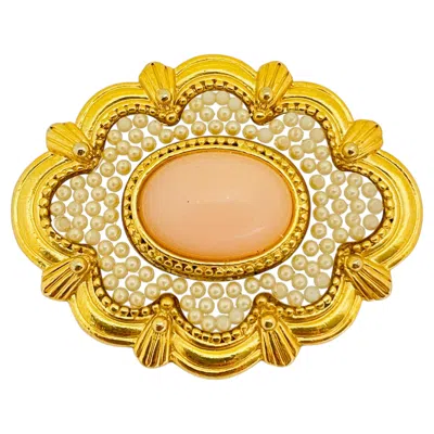 Pre-owned Avon Vintage  Gold Faux Coral Pearl Designer Brooch In Red