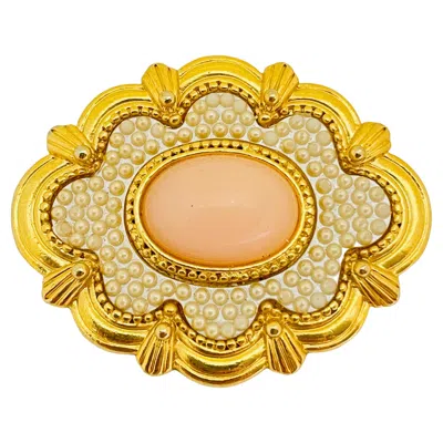 Pre-owned Avon Vintage  Gold Faux Coral Pearl Designer Brooch In Red