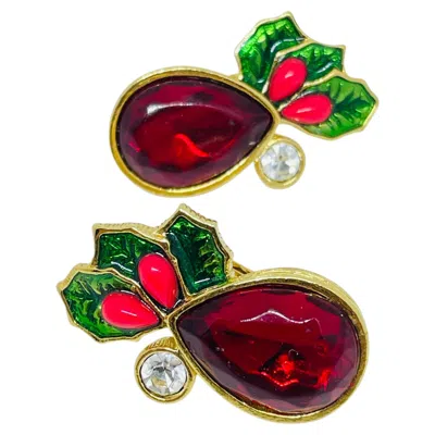 Pre-owned Avon Vintage  Gold Tone Christmas Enamel Rhinestone Designer Clip On Earrings In Multi