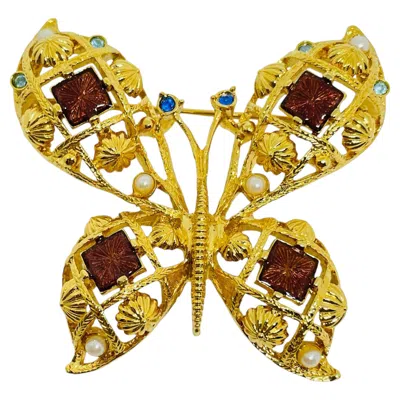 Pre-owned Avon Vintage  Gold Tone Enamel Rhinestones Pearls Butterfly Designer Brooch In Multi