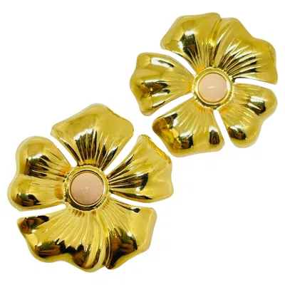 Pre-owned Avon Vintage  Gold Tone Flower Faux Pink Coral Designer Pierced Earrings In Red