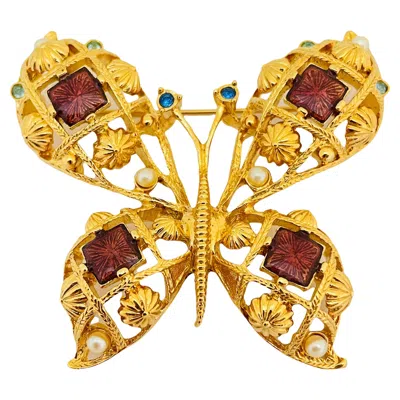 Pre-owned Avon Vintage  Huge Butterfly Gold Enamel Pearl Rhinestone Designer Runway Brooch In Multi