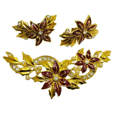Pre-owned Avon Vintage  Signed Gold Enamel Designer Flower Earrings Brooch Set In Multi