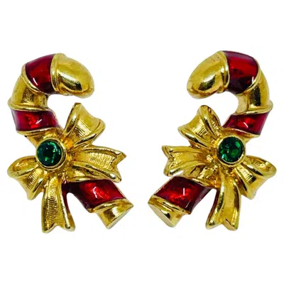 Pre-owned Avon Vintage  Signed Gold Tone Enamel Rhinestone Christmas Designer Earrings In Multi