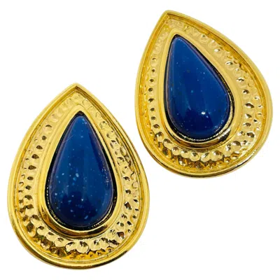 Pre-owned Avon Vintage  Signed Gold Tone Faux Lapis Designer Clip On Earrings In Multi