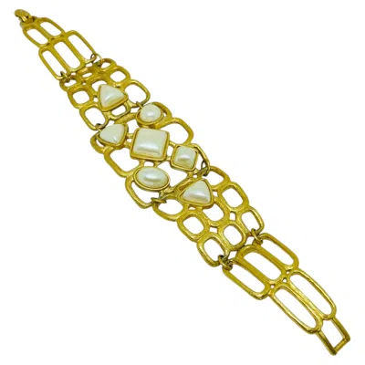 Pre-owned Avon Vintage  Signed Gold Tone Faux Pearls Massive Designer Chain Bracelet In Multi