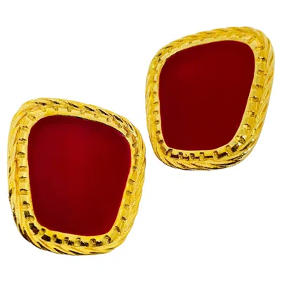 Pre-owned Avon Vintage  Signed Gold Tone Red Enamel Designer Clip On Earrings