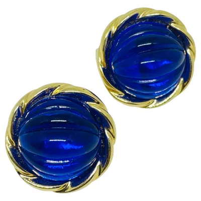 Pre-owned Avon Vintage Gold Tone Acrylic Sapphire Cabochons Designer Clip On Earrings In Blue