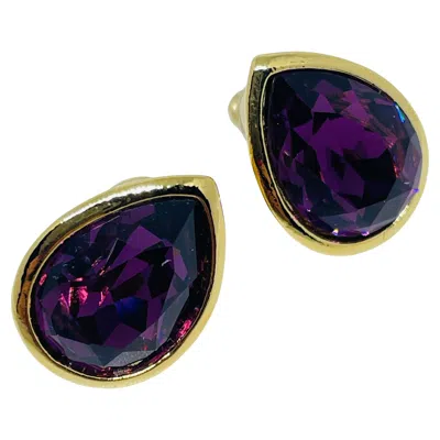 Pre-owned Avon Vintage Gold Tone Amethyst Glass Teardrop Designer Pierced Earrings In Purple