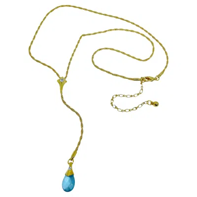 Pre-owned Avon Vintage Gold Tone Designer Lariat Necklace With Blue Briolette Crystal Drop