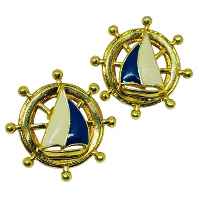Pre-owned Avon Vintage Gold Tone Enamel Boat Nautical Designer Pierced Earrings In Multi