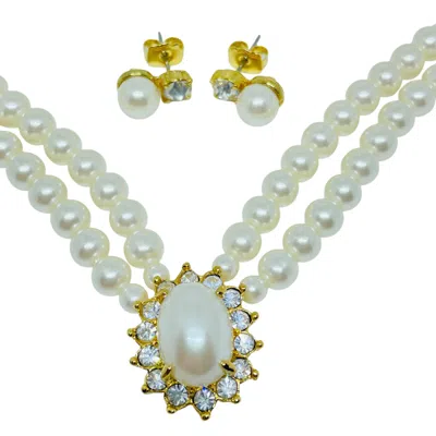Pre-owned Avon Vintage Gold Tone Faux Pearls Rhinestones Designer Necklace Earrings Set In Multi