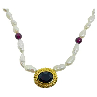 Pre-owned Avon Vintage Gold Tone Genuine Garnet Freshwater Pearls Designer Necklace In Multi
