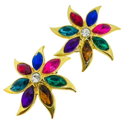 Pre-owned Avon Vintage Gold Tone Jewel Tone Rhinestones Designer Clip On Earrings In Multi