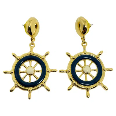 Pre-owned Avon Vintage Gold Tone Navy Enamel Nautical Designer Drop Earrings In Blue