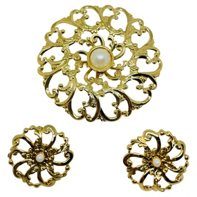 Pre-owned Avon Vintage Gold Tone Pearl 'flower Blossom' Designer Earrings Pin Set In Multi